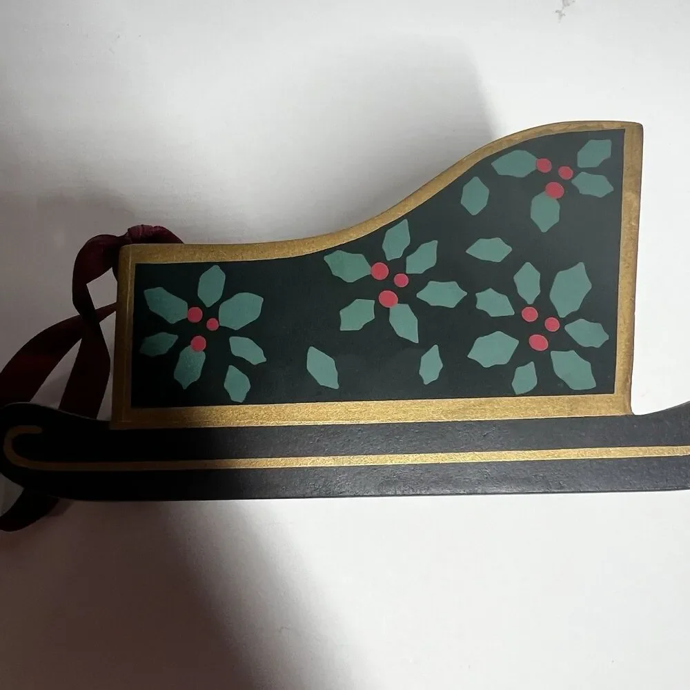Vintage Christmas Wooden Sleigh Table Decor Hand Painted Holly Holiday Planter